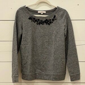 LOFT Gray Dressy Sweatshirt Top with Black Floral Jewel Embellishment NWOT